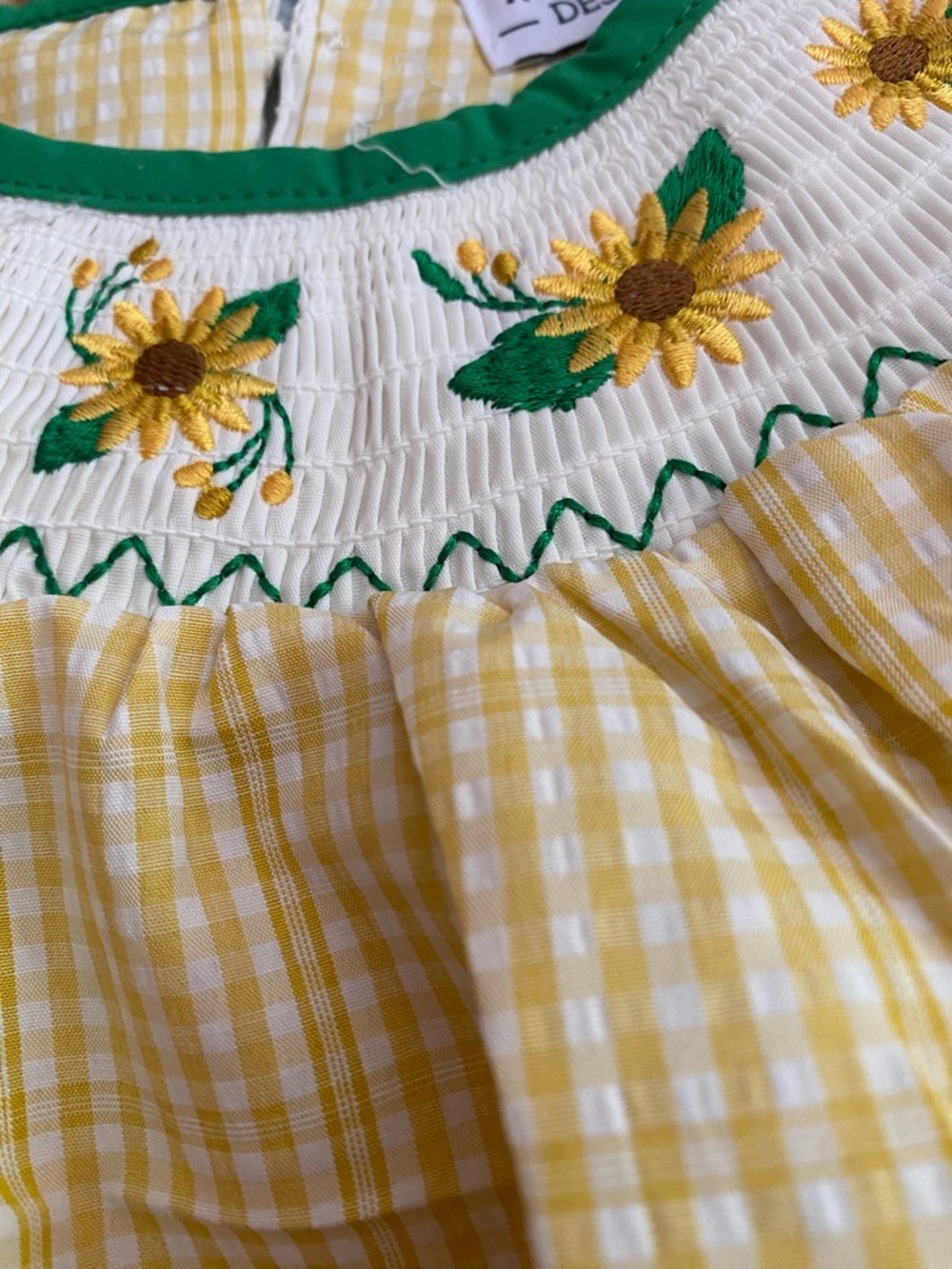 Rylee Faith Designs Yellow Gingham Sunflower Smocked Dress Green Trim NWT Sz 5 - Picture 6 of 10